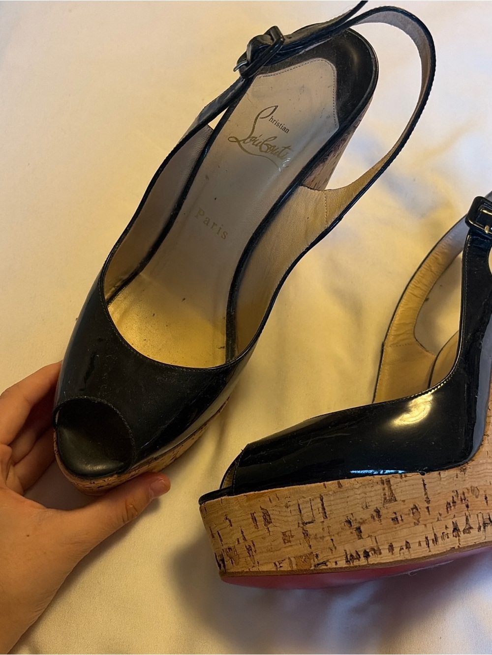 Christian Louboutin Black Patent Cork Wedge Slingback Peep Toe with Red Sole